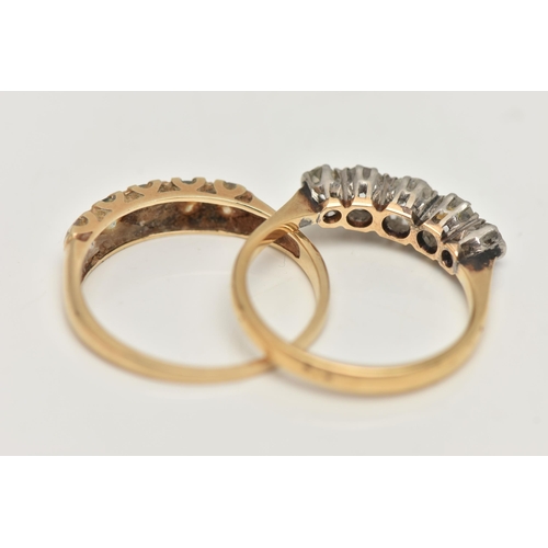 46 - TWO GOLD GEM SET RINGS, the first an 18ct gold five stone diamond ring, claw set with old cut diamon... 