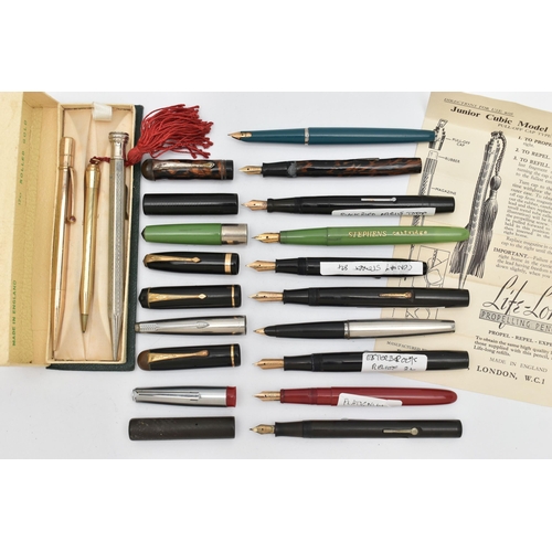 50 - AN ASSORTMENT OF PENS, to include three 'Conway Stewart' fountain pens, nibs stamped 14ct, Esterbroo... 