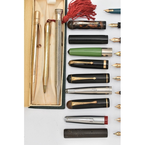 50 - AN ASSORTMENT OF PENS, to include three 'Conway Stewart' fountain pens, nibs stamped 14ct, Esterbroo... 