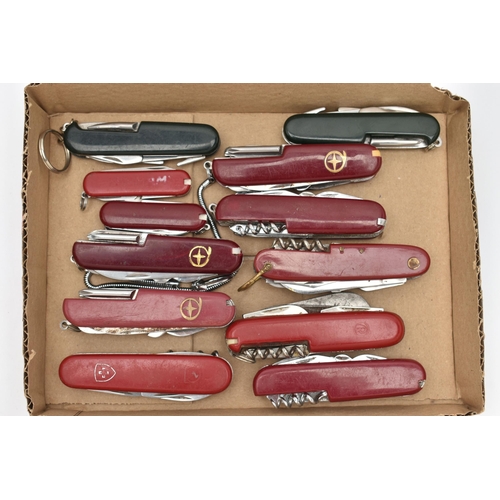 51 - TWELVE ASSORTED POCKET KNIVES, to include a Victorinox Swiss Army knife, seven other multi tool Swis... 