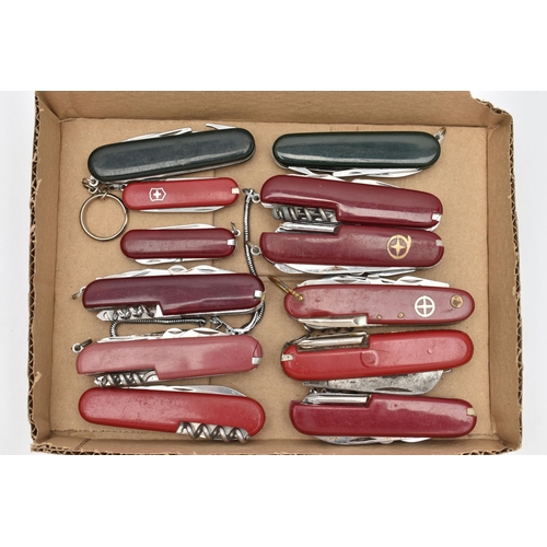 51 - TWELVE ASSORTED POCKET KNIVES, to include a Victorinox Swiss Army knife, seven other multi tool Swis... 