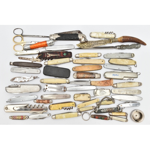 52 - ASSORTED POCKET KNIVES AND ITEMS, various designs, a letter opener, two pairs of manicure scissors (... 