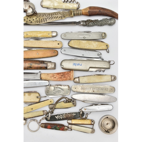 52 - ASSORTED POCKET KNIVES AND ITEMS, various designs, a letter opener, two pairs of manicure scissors (... 