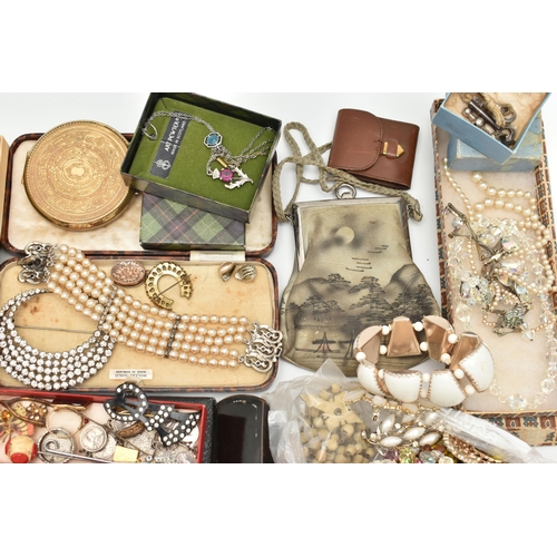 53 - A SELECTION OF COSTUME JEWELLERY, to include an early 20th century rolled gold locket with floral de... 