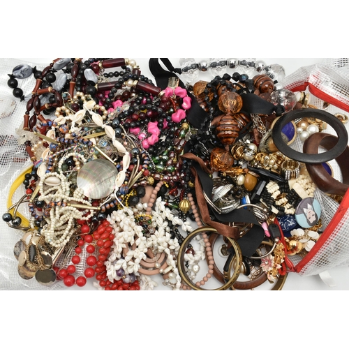 56 - TWO BAGS OF COSTUME JEWELLERY, to include beaded necklaces, bangles, clip earrings, brooches etc