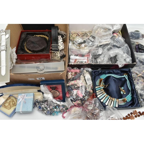 64 - ASSORTED COSTUME JEWELLERY, to include boxed necklaces, beaded necklaces, boxed novelty pocket watch... 