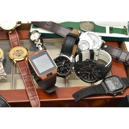 67 - A BOX OF ASSORTED WRISTWATCHES, names to include Swatch, Casio, Timberland, Strada, together with a ... 