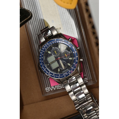 67 - A BOX OF ASSORTED WRISTWATCHES, names to include Swatch, Casio, Timberland, Strada, together with a ... 