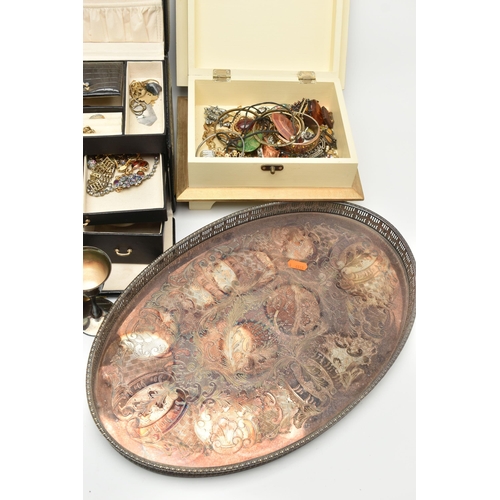 68 - A BOX OF COSTUME JEWLLERY AND JEWELLERY BOXES, to include three hinged jewellery boxes, and addition... 