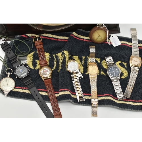 69 - A SELECTION OF SIX QUARTZ WATCHES, A POCKETWATCH AND A CLOCK, to include a Doxa pocket watch with ou... 