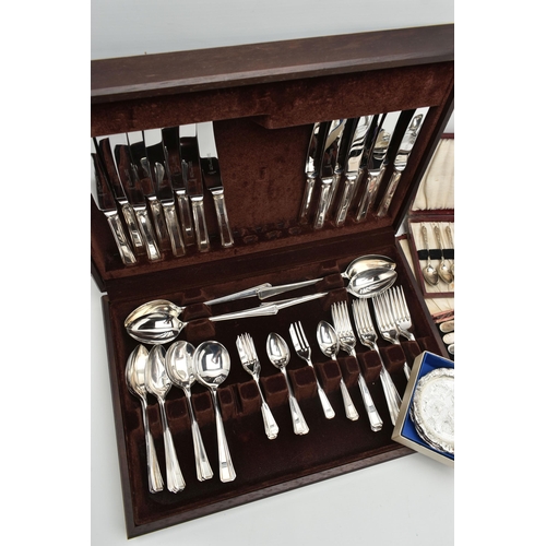 71 - A WOODEN CANTEEN OF EPNS CUTLERY AND FURTHER CUTLERY, the wooden canteen hinged lid opening to revea... 