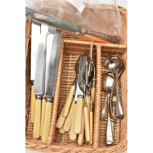 72 - A SELECTION OF MAINLY PLATED AND STAINLESS STEEL CUTLERY, to include a silver handled cake knife, ha... 