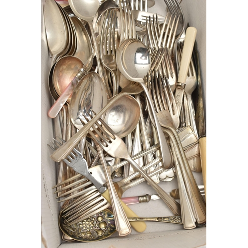 72 - A SELECTION OF MAINLY PLATED AND STAINLESS STEEL CUTLERY, to include a silver handled cake knife, ha... 