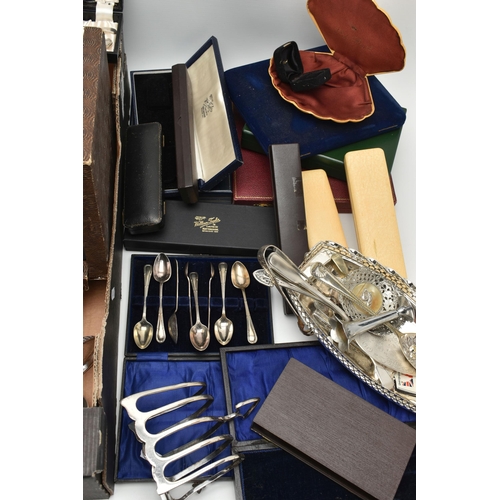 74 - A BOX OF ASSORTED WHITE METAL WARE, to include an EPNS toast rack, sugar scuttle, napkin rings, tray... 