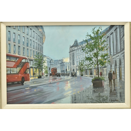 302 - CHARLES ROWBOTHAM (BRITISH) 'REGENT STREET REFLECTIONS', a London cityscape in the rain, signed bott... 