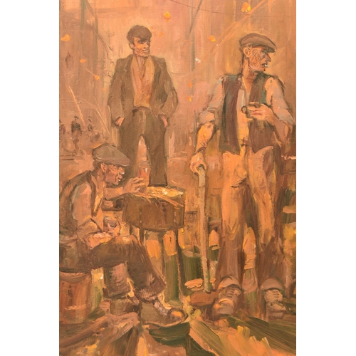 305 - PETER KNOX (BRITISH 1942) 'THE SQUAD, NIGHT SHIFT', three male figures are depicted in an industrial... 