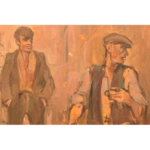 305 - PETER KNOX (BRITISH 1942) 'THE SQUAD, NIGHT SHIFT', three male figures are depicted in an industrial... 