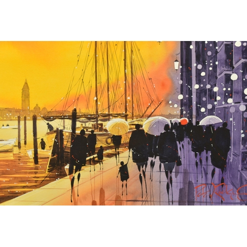 313 - PETER J. RODGERS (BRITISH CONTEMPORARY) 'VENICE SKYLINE', a Venetian cityscape at night, signed bott... 