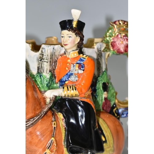 327 - A BURLEIGH WARE RELIEF MOULDED JUG COMMEMORATING THE CORONATION OF HER MAJESTY QUEEN ELIZABETH II, m... 