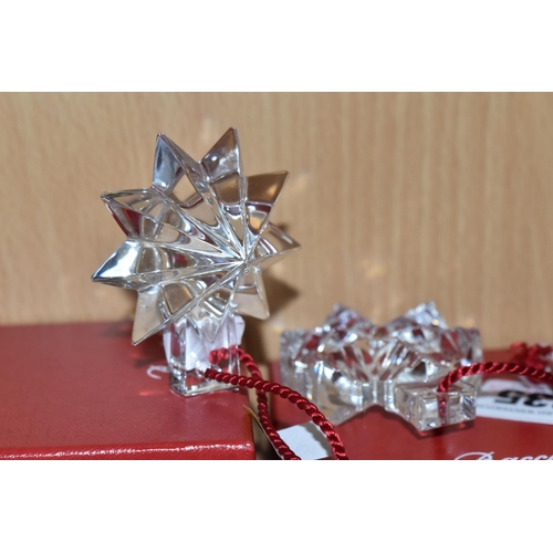 335 - TWO BOXED BACCARAT GLASS CHRISTMAS TREE ORNAMENTS, one a snowflake, the other a nine point star, bot... 