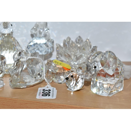 336 - NINE PIECES OF SWAROVSKI CRYSTAL, comprising a swan, an elephant, a mouse, a penguin (chipped beak a... 