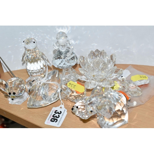 336 - NINE PIECES OF SWAROVSKI CRYSTAL, comprising a swan, an elephant, a mouse, a penguin (chipped beak a... 