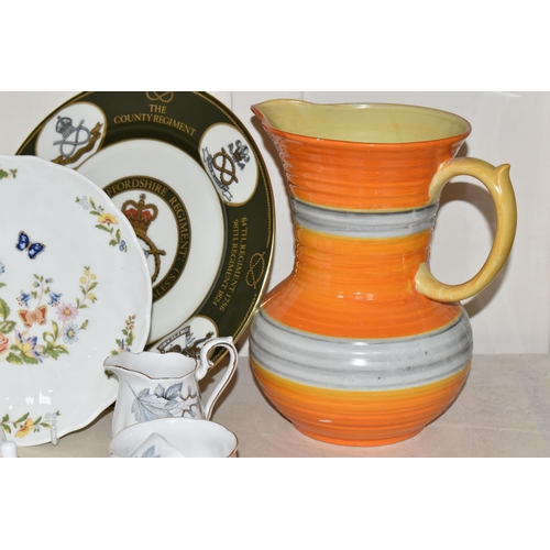 391 - A COLLECTION OF CERAMICS, to include a large orange and grey Shelley jug, height 23cm, a Royal Doult... 