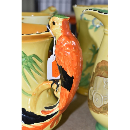 399 - SIX 1930'S BURLEIGH WARE ART DECO JUGS, comprising an exotic humming bird handle 7015, (hairline cra... 