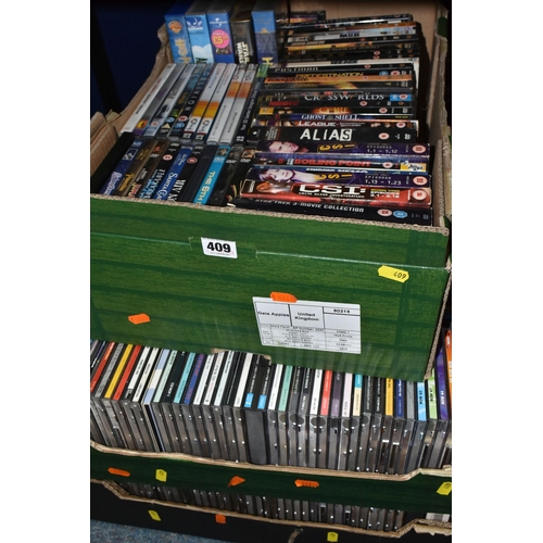 409 - FIVE BOXES OF DVDS AND CDS, over one hundred and eighty DVDs to include Buffy The Vampire, TinTin, S... 