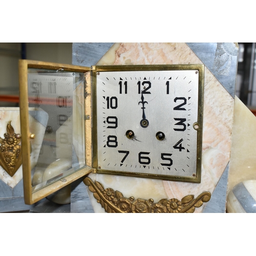 413 - A FRENCH ART DECO CLOCK GARNITURE, grey and beige marble & onyx  three piece clock garniture, suppor... 