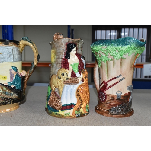 414 - FOUR BURLEIGH WARE JUGS/PITCHERS, comprising 'Old Feeding Time' with a dog handle, 'The Village Blac... 