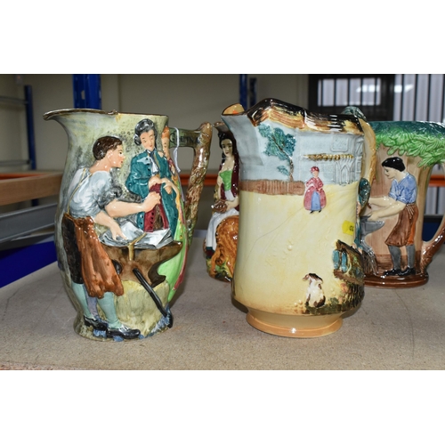 414 - FOUR BURLEIGH WARE JUGS/PITCHERS, comprising 'Old Feeding Time' with a dog handle, 'The Village Blac... 