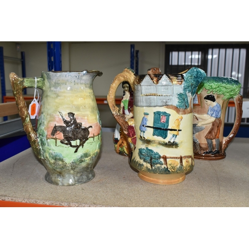 414 - FOUR BURLEIGH WARE JUGS/PITCHERS, comprising 'Old Feeding Time' with a dog handle, 'The Village Blac... 