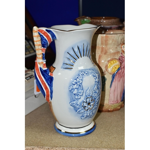 417 - THREE BURLEIGH WARE JUGS, comprising a Royal Coronation 1953 Westminster Abbey commemorative jug, a ... 