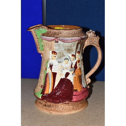 417 - THREE BURLEIGH WARE JUGS, comprising a Royal Coronation 1953 Westminster Abbey commemorative jug, a ... 