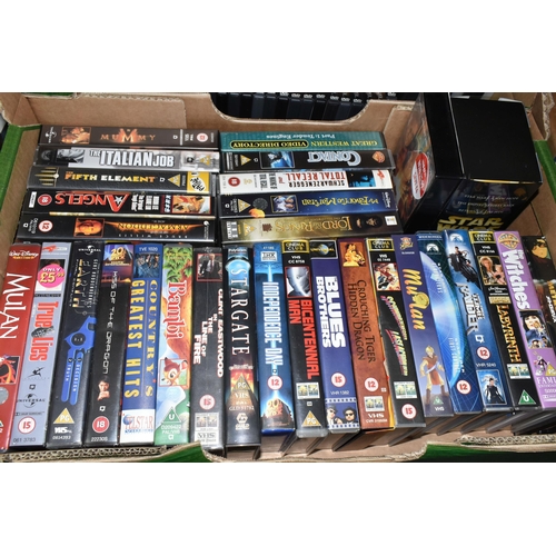 FIVE BOXES OF DVDS, CDS AND VHS TAPES, containing over 200 DVDs, over ...