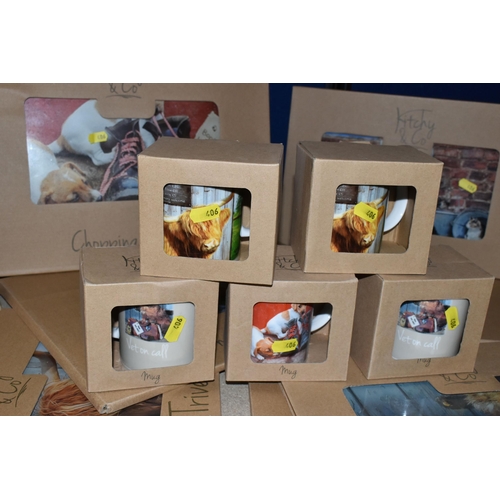 406 - EIGHT INDIVIDUALLY BOXED BORDER FINE ARTS 'KITCHY & CO' GLASS CHOPPING BOARDS AND FIVE BOXED MUGS, c... 