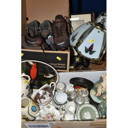 408 - TWO BOXES OF TABLE LAMPS AND SUNDRIES, to include two table lamps, a pair of G-Force ladies walking ... 