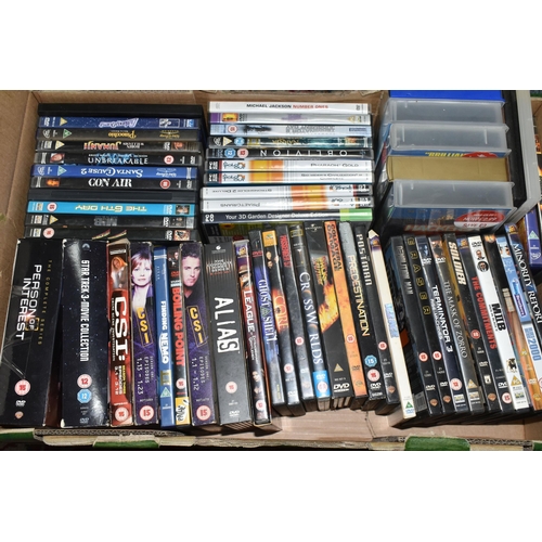 409 - FIVE BOXES OF DVDS AND CDS, over one hundred and eighty DVDs to include Buffy The Vampire, TinTin, S... 