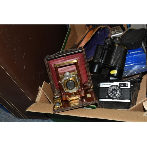 410 - ONE BOX OF VINTAGE CAMERAS AND EQUIPMENT, to include a brown leather case containing a Monroe No6 fo... 