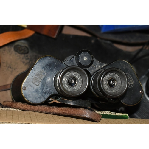 410 - ONE BOX OF VINTAGE CAMERAS AND EQUIPMENT, to include a brown leather case containing a Monroe No6 fo... 