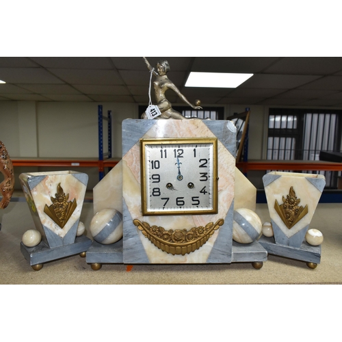 413 - A FRENCH ART DECO CLOCK GARNITURE, grey and beige marble & onyx  three piece clock garniture, suppor... 