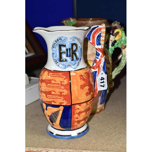 417 - THREE BURLEIGH WARE JUGS, comprising a Royal Coronation 1953 Westminster Abbey commemorative jug, a ... 