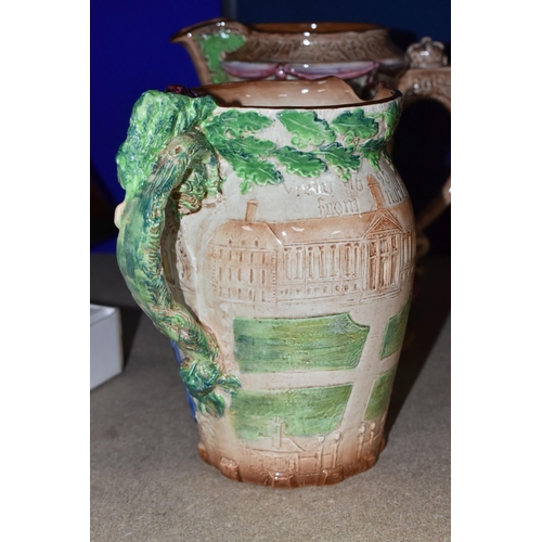 417 - THREE BURLEIGH WARE JUGS, comprising a Royal Coronation 1953 Westminster Abbey commemorative jug, a ... 