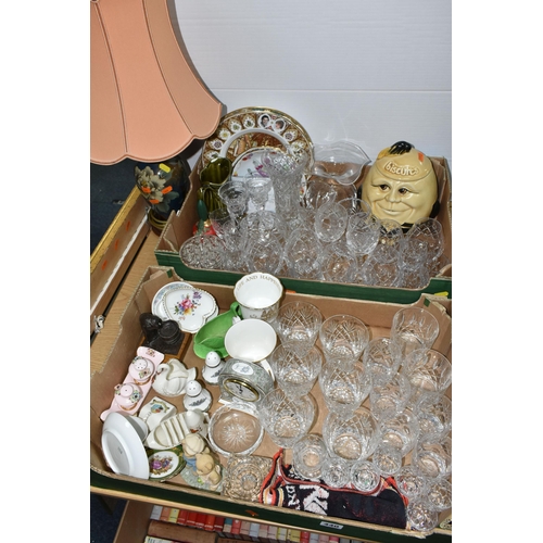 440 - TWO BOXES AND LOOSE CERAMICS, GLASS, LAMP, PICTURES AND SUNDRY ITEMS, to include cut crystal drinkin... 