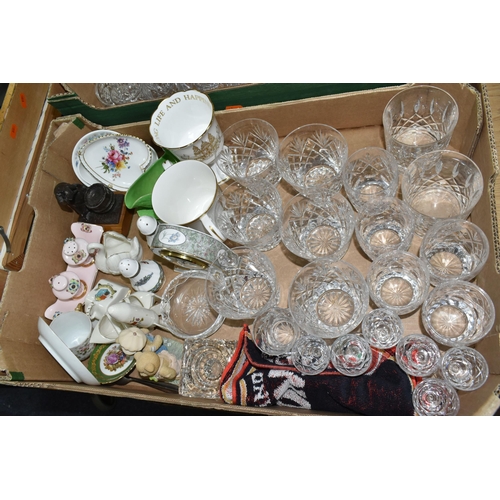 440 - TWO BOXES AND LOOSE CERAMICS, GLASS, LAMP, PICTURES AND SUNDRY ITEMS, to include cut crystal drinkin... 