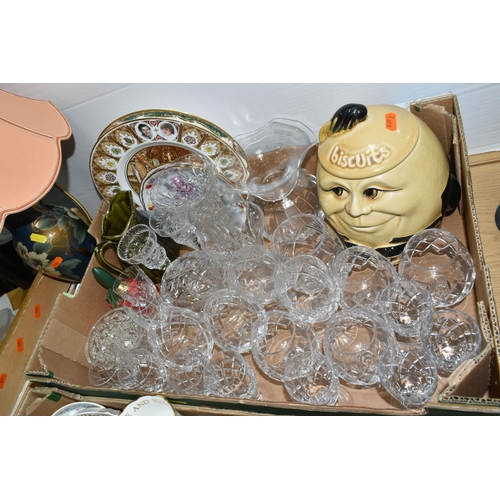 440 - TWO BOXES AND LOOSE CERAMICS, GLASS, LAMP, PICTURES AND SUNDRY ITEMS, to include cut crystal drinkin... 