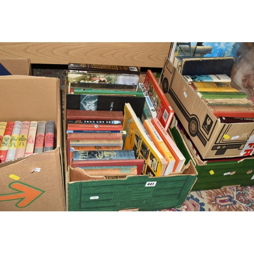 441 - FIVE BOXES OF BOOKS containing over 100 miscellaneous titles in hardback and paperback formats, subj... 