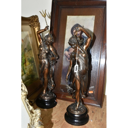 445 - A GROUP OF FIGURES, PICTURES AND FRAME, BIBLE AND SUNDRY ITEMS, to include a pair of bronzed female ... 