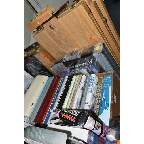 446 - A BOX AND LOOSE SEWING MACHINE, KNITTING MACHINE, ART MATERIALS AND BOOKS, to include a cased Jones ... 